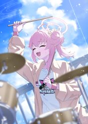 Rule 34 | 1girl, absurdres, ahoge, blue archive, blush, closed eyes, drum, drumsticks, fukujin, hair between eyes, halo, highres, holding, holding drumsticks, instrument, jacket, long hair, long sleeves, natsu (band) (blue archive), natsu (blue archive), official alternate costume, open clothes, open jacket, open mouth, pink hair, pink halo, shirt, smile, solo, white shirt, yellow jacket