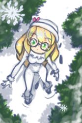 Rule 34 | 1girl, blonde hair, bodysuit, boots, breasts, drantyno, footprints, fur trim, glasses, gloves, green eyes, hat, highres, long hair, open mouth, polly (ryuhi), small breasts, snow, snowflakes, sparkle, walking, white bodysuit, white footwear, white gloves, white headwear
