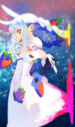 Rule 34 | :d, animal ears, blue background, braid, card, carrot hair ornament, dress, food-themed hair ornament, hair ornament, highres, hololive, looking at viewer, open mouth, pako (pakosun), rabbit ears, rabbit girl, rabbit tail, smile, star (symbol), starry background, tail, twin braids, usada pekora, usada pekora (1st costume), virtual youtuber, white dress, white hair, yellow eyes
