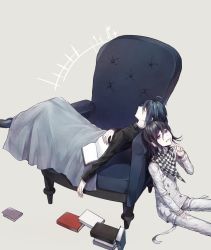 Rule 34 | 2boys, ahoge, armchair, black hair, black jacket, book, book stack, buttons, chair, checkered clothes, checkered neckwear, checkered scarf, closed eyes, commentary request, danganronpa (series), danganronpa v3: killing harmony, double-breasted, finger to mouth, goto (sep), grey background, highres, holding, holding book, index finger raised, jacket, long sleeves, looking at viewer, male focus, medium hair, multiple boys, oma kokichi, open book, pants, purple eyes, purple hair, saihara shuichi, scarf, sitting, sleeping, straitjacket, striped clothes, striped jacket, teeth, white jacket, white pants