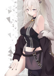 Rule 34 | 1girl, against wall, ahoge, animal ears, bare shoulders, black jacket, black nails, black pantyhose, black shirt, blush, breasts, cleavage, crop top, ddog (ddog39), ear piercing, fingernails, from side, fur-trimmed jacket, fur trim, grey eyes, grey skirt, hair between eyes, hand on own thigh, highres, hololive, jacket, jewelry, large breasts, leg up, lion ears, long hair, looking at viewer, messy hair, midriff, miniskirt, nail polish, navel, necklace, o-ring, o-ring thigh strap, off shoulder, pantyhose, parted lips, partially unzipped, piercing, see-through, see-through cleavage, sharp fingernails, shirt, shishiro botan, shishiro botan (1st costume), side slit, sidelocks, silver hair, single leg pantyhose, skin tight, skirt, sleeveless, sleeveless shirt, solo, standing, thigh strap, torn clothes, torn pantyhose, two side up, virtual youtuber, zipper skirt