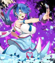 Rule 34 | 1girl, :d, aburidashi zakuro, alternate breast size, armlet, armpit peek, bare shoulders, between fingers, blue angel, blue hair, blue necktie, blue ribbon, blue shirt, blue skirt, blush, breasts, card, clover, corruption, covered erect nipples, covered navel, crop top, earrings, facial tattoo, four-leaf clover, hair ornament, hair ribbon, heart, heart earrings, holding, holding card, jewelry, large breasts, long hair, looking away, multicolored hair, necktie, open mouth, outstretched arm, purple eyes, rectangle, ribbon, shiny clothes, shiny skin, shirt, skirt, sleeveless, sleeveless shirt, smile, solo, standing, streaked hair, tattoo, taut clothes, taut shirt, trickstar reincarnation, twintails, white background, white shirt, white wings, wings, wristband, yu-gi-oh!, yu-gi-oh! vrains, yuu-gi-ou, yuu-gi-ou vrains, zaizen aoi