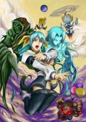 Rule 34 | 1girl, 2boys, arc system works, asymmetrical wings, bag, bag on head, bag over head, balloon, blue hair, chibi, choker, clenched hand, clenched hands, clothed robot, dizzy (guilty gear), faust (guilty gear), flying, guilty gear, humanoid robot, multiple boys, necro (guilty gear), paper bag, potemkin (guilty gear), red eyes, ribbon, robo-ky, robot, skull, sky, starplunder, tail, tail ornament, tail ribbon, thighhighs, undine (guilty gear), wings