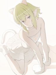 Rule 34 | 1girl, alternate costume, animal ears, bare shoulders, bell, blue eyes, blush, breasts, cat ears, cat girl, cat tail, closed mouth, commentary request, dungeon ni deai wo motomeru no wa machigatteiru darou ka, elf, fake animal ears, fake tail, from above, green hair, highres, looking at viewer, medium breasts, mittens, neck bell, niceumeboshi, pointy ears, ryu lion, short hair, sitting, solo, tail, wariza