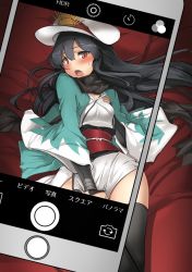 Rule 34 | 1girl, armor, black hair, black scarf, black thighhighs, blush, cellphone, cosplay, covering privates, covering crotch, embarrassed, fang, fate (series), hair between eyes, haori, hat, japanese armor, japanese clothes, kimono, koha-ace, kote, long hair, long sleeves, looking at viewer, lying, momio, obi, oda nobunaga (fate), oda nobunaga (koha-ace), okita souji (fate), okita souji (koha-ace), okita souji (koha-ace) (cosplay), on back, open mouth, peaked cap, phone, red eyes, sash, scarf, shinsengumi, short kimono, smartphone, solo, sweat, taking picture, thighhighs, viewfinder, white kimono, wide sleeves
