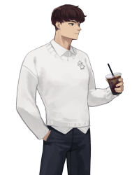 Rule 34 | 1boy, black pants, brown hair, closed mouth, collared shirt, cowboy shot, drink, drinking straw, hand in pocket, highres, holding, holding drink, long sleeves, male focus, original, pants, shirt, short hair, solo, sweater, white shirt, white sweater, yoon cook