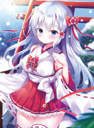 Rule 34 | 1girl, armpit crease, bare shoulders, bell, blue eyes, blurry, blurry foreground, blush, breasts, closed mouth, cowboy shot, day, dengeki moeou, depth of field, detached sleeves, floating hair, flower, frilled thighhighs, frills, hair flower, hair ornament, hair ribbon, hakama, hakama short skirt, hakama skirt, hand up, highres, japanese clothes, jingle bell, kimono, lace trim, light particles, light rays, long hair, long sleeves, looking at viewer, medium breasts, miniskirt, mitsuba choco, nontraditional miko, original, outdoors, pink flower, pleated skirt, red ribbon, ribbon, ribbon-trimmed sleeves, ribbon trim, sidelocks, skirt, smile, solo, standing, sunbeam, sunlight, thighhighs, torii, tree, two side up, white hair, white kimono, white thighhighs, wide sleeves, zettai ryouiki