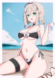 Rule 34 | + +, 1girl, absurdres, azur lane, beach, bikini, black choker, blue sky, blurry, blurry background, blush, bow, braid, breasts, choker, cloud, cross-shaped pupils, frilled bikini, frills, green eyes, grey hair, hair between eyes, hair ornament, hairclip, hand up, highres, large breasts, looking at viewer, low twin braids, maid, maid bikini, maid headdress, manchester (a moment in the shade) (azur lane), manchester (azur lane), medium hair, navel, official alternate costume, oha (oha h22), open mouth, outside border, side-tie bikini bottom, sitting, sky, solo, swimsuit, symbol-shaped pupils, twin braids, unconventional maid, wariza, water, white bow, x hair ornament