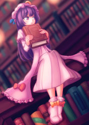 Rule 34 | 1girl, blue ribbon, blunt bangs, book, bookshelf, capelet, crescent, double bun, dress, frilled dress, frills, hair bun, hat, highres, holding, holding book, library, long hair, looking to the side, makaroll, mob cap, open mouth, pajamas, patchouli knowledge, purple eyes, purple hair, red ribbon, ribbon, sitting, solo, touhou, voile