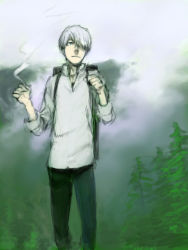 Rule 34 | 1boy, cigarette, forest, ginko, haimura kiyotaka, hair over one eye, male focus, mushishi, nature, smoking, solo