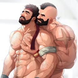 Rule 34 | 2boys, abs, alternate facial hair, arm hair, bad id, bad instagram id, bara, beard, behind another, blush, chest hair, eye contact, facial hair, grabbing, hairy, headband, implied anal, implied sex, jojiart, large pectorals, looking at another, male focus, mature male, mohawk, multiple boys, muscular, muscular male, mustache, navel, navel hair, nipples, out-of-frame censoring, pectoral grab, pectorals, ryu (street fighter), shiny skin, short hair, smile, stomach, street fighter, torogao, yaoi, zangief
