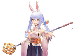 Rule 34 | 1girl, animal ear fluff, animal ears, animal print, arrow (symbol), artist name, bare shoulders, blue hair, braid, breasts, carrot, carrot hair ornament, clenched hand, cosplay, detached sleeves, electricity, english text, final fantasy, final fantasy x, food-themed hair ornament, hair ornament, hakama, hakama skirt, hand on own hip, highres, holding, holding staff, hololive, japanese clothes, light blue hair, looking at viewer, multicolored hair, obi, open mouth, orange eyes, over shoulder, rabbit ears, rabbit girl, rabbit print, relayrl, sash, shirt, skirt, small breasts, smirk, solo, staff, thick eyebrows, twin braids, two-tone hair, usada pekora, virtual youtuber, white hair, white shirt, wide sleeves