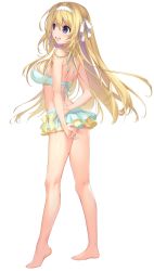Rule 34 | 1girl, absurdres, arms behind back, ass, barefoot, bikini, blonde hair, blush, boku no mirai wa koi to kakin to, breasts, feet, female focus, frilled skirt, frills, from behind, full body, game cg, groin, highres, large breasts, legs, light blush, long hair, looking away, navel, nironiro, open mouth, original, purple eyes, saionji nana, simple background, skirt, smile, solo, standing, swimsuit, tachi-e, thighs, toes, transparent background