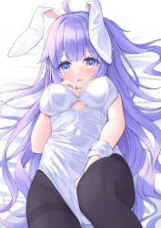 Rule 34 | 1girl, absurdres, ahoge, animal ears, azur lane, bare shoulders, bed sheet, breasts, commentary request, fake animal ears, feet out of frame, hairband, hand up, highres, knee up, leotard, looking at viewer, medium breasts, pantyhose, parted lips, playboy bunny, purple eyes, purple hair, rabbit ears, satsuki yukimi, solo, strapless, strapless leotard, thighband pantyhose, unicorn (azur lane), white background, white hairband, white leotard, wrist cuffs