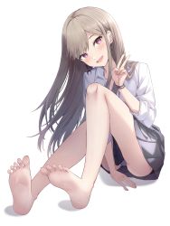 Rule 34 | 1girl, absurdres, barefoot, black skirt, blush, collarbone, collared shirt, earrings, feet, highres, jewelry, light brown hair, long hair, looking at viewer, nail polish, open mouth, original, pleated skirt, purple eyes, seero, shirt, simple background, sitting, skirt, smile, soles, solo, toes, white background, white shirt