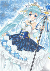 Rule 34 | 1girl, amulet, aqua hair, aqua nails, bare shoulders, beamed eighth notes, blue dress, blue eyes, blush, cape, commentary, cowboy shot, crystal, detached collar, detached sleeves, dress, dutch angle, earrings, framed breasts, frilled dress, frills, hair ornament, hatsune miku, highres, jewelry, layered dress, looking at viewer, musical note, musical note hair ornament, nail polish, puffy sleeves, ribbon, scepter, smile, snowflake earrings, snowflake print, snowflakes, solo, strapless, striped sleeves, tiara, tsugumi (tky-fam), vocaloid, white legwear, yuki miku, yuki miku (2019)