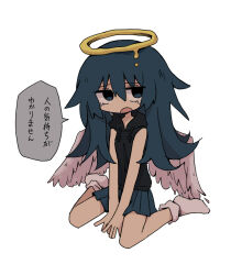 Rule 34 | 1girl, angel, angel wings, bare arms, bare shoulders, between legs, black hoodie, blue eyes, blue hair, blue skirt, crying, crying with eyes open, dark blue hair, drawstring, feathered wings, full body, hair between eyes, halo, hand between legs, hood, hood down, hoodie, kanikan, long hair, looking at viewer, melting halo, miniskirt, no shoes, open mouth, original, pleated skirt, simple background, sitting, skirt, sleeveless, sleeveless hoodie, socks, solo, speech bubble, tears, translated, wariza, white background, wings