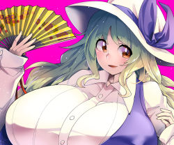 Rule 34 | 1girl, alternate eye color, blonde hair, blush, breasts, brown eyes, collared shirt, dress, floral print, folding fan, gigantic breasts, gradient hair, hand fan, hat, hat ribbon, highres, holding, holding fan, light particles, long hair, long sleeves, looking at viewer, multicolored hair, open mouth, outline, pink background, purple dress, purple ribbon, ribbon, shirt, sidelocks, simple background, sleeve cuffs, smile, solo, sun hat, touhou, umigarasu (kitsune1963), upper body, very long hair, watatsuki no toyohime, white hat
