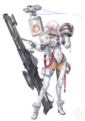 Rule 34 | 1girl, absurdres, backpack, bag, commentary request, contrapposto, covered navel, dark-skinned female, dark skin, drone, full body, gun, helmet, highres, holding, holding gun, holding helmet, holding weapon, huge weapon, looking at viewer, motion blur, multicolored hair, original, pouch, red eyes, red hair, rifle, science fiction, short hair, skindentation, smile, solo, space helmet, spacesuit, standing, streaked hair, target, thigh pouch, thighhighs, tube, two-tone hair, user wtxr2258, weapon, white background, white hair