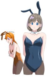 Rule 34 | 2girls, absurdres, animal ears, arms behind back, bare arms, bare shoulders, blue eyes, blue leotard, breasts, brown hair, brown hairband, cleavage, closed mouth, collarbone, covered navel, covering privates, covering breasts, cropped legs, detached collar, embarrassed, fake animal ears, fake tail, fishnet legwear, fishnets, hairband, highres, leotard, long hair, looking at viewer, looking to the side, love live!, love live! superstar!!, multicolored hair, multiple girls, open mouth, orange hair, orange leotard, pantyhose, pink hair, playboy bunny, purple eyes, rabbit ears, rabbit tail, s sho mkrn, shibuya kanon, simple background, small breasts, standing, strapless, strapless leotard, tail, tang keke, tears, two-tone hair, white background, wing collar, wrist cuffs