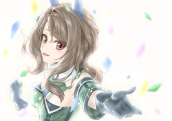 Rule 34 | 1girl, black gloves, bloom, bow, brown hair, confetti, detached sleeves, eyelashes, gloves, green bow, hair bow, hand up, horse girl, king halo (umamusume), long hair, looking at viewer, open mouth, outstretched hand, reaching, reaching towards viewer, red eyes, silhouette90, simple background, solo, umamusume, upper body, white background