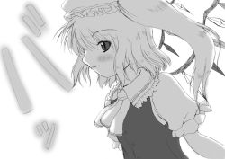Rule 34 | 1girl, asamura hiori, blush, crystal, demon wings, female focus, flandre scarlet, greyscale, hat, mob cap, monochrome, short hair, side ponytail, simple background, solo, touhou, upper body, white background, wings