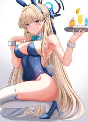 Rule 34 | 1girl, absurdres, animal ears, bare shoulders, blonde hair, blue archive, blue bow, blue eyes, blue hairband, blue leotard, bow, bowtie, braid, breasts, cherry, closed mouth, commentary request, covered navel, cup, detached collar, drinking glass, earpiece, elina (eri15), expressionless, fake animal ears, food, french braid, from side, fruit, hairband, halo, hands up, high heels, highleg, highleg leotard, highres, holding, holding tray, ice, ice cube, leotard, long hair, medium breasts, microphone, official alternate costume, official alternate hairstyle, orange (fruit), orange slice, playboy bunny, rabbit ears, sideboob, solo, squatting, thighhighs, thighs, tiptoes, toki (blue archive), toki (bunny) (blue archive), tray, very long hair, white thighhighs, wrist cuffs