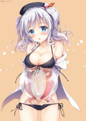 Rule 34 | 10s, 1girl, ball, beachball, bikini, bikini under clothes, blue eyes, blush, breasts, kantai collection, kashima (kancolle), large breasts, silver hair, solo, sousouman, swimsuit, swimsuit under clothes, tsurime, twintails, wavy hair