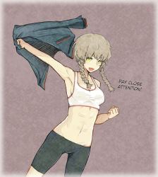 Rule 34 | 1girl, 5pb., abs, amane suzuha, armpits, bike shorts, braid, brown hair, clenched hand, gradient background, hard-translated, highres, jacket, megane chuu, midriff, nitroplus, open mouth, science adventure, solo, sports bra, steins;gate, third-party edit, translated, twin braids, undressing, yellow eyes