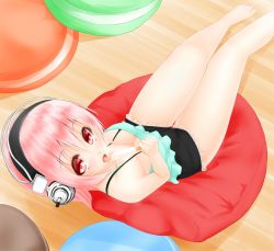 Rule 34 | 1girl, bare legs, barefoot, blush, breasts, cleavage, female focus, food, headphones, large breasts, long hair, looking at viewer, nitroplus, noppi (noppi 98), open mouth, pink hair, popsicle, red eyes, solo, super sonico