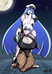 Rule 34 | 2girls, akame ga kill!, aqua eyes, aqua hair, blue lips, breasts, clothes, collar, esdeath, eyepatch, fishnet pantyhose, fishnets, hand on own leg, hat, highres, large breasts, lipstick, long hair, looking at viewer, makeup, moon, multiple girls, najenda, night, night sky, pantyhose, short hair, silver hair, sitting, sky, star (sky), star (symbol), starry sky, tattoo, vsoulworks