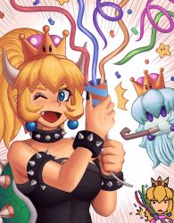 Rule 34 | 3girls, armlet, ayyk92, blonde hair, blue eyes, bowser, bowsette, bracelet, celebration, collar, colored skin, confetti, congratulations, earrings, fang, genderswap, genderswap (mtf), highres, horns, jewelry, king boo, long hair, luigi&#039;s mansion, mario (series), multiple girls, new super mario bros. u deluxe, nintendo, princess dress, princess king boo, princess peach, spiked armlet, spiked bracelet, spiked collar, spiked shell, spikes, super crown, triangle mouth, white skin
