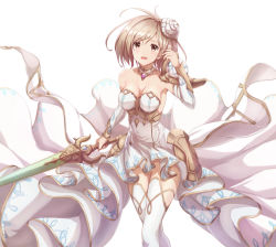 Rule 34 | 1girl, breasts, brown eyes, brown hair, choker, cleavage, collarbone, detached sleeves, djeeta (granblue fantasy), dress, flower, glorybringer (granblue fantasy), granblue fantasy, hair flower, hair ornament, highres, holding, holding sword, holding weapon, long hair, looking at viewer, medium breasts, open mouth, sakaokasan, simple background, sleeveless, sleeveless dress, solo, standing, striped clothes, striped dress, sword, thighhighs, weapon, white background, white dress, white flower, white thighhighs