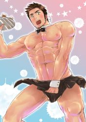 Rule 34 | 1boy, abs, absurdres, apron, arm hair, axis powers hetalia, bara, beard, black apron, blush, bow, bowtie, brown eyes, brown hair, chest hair, covering privates, covering crotch, detached collar, facial hair, feet out of frame, highres, holding, holding tray, large pectorals, male focus, mature male, muscular, muscular male, naked apron, navel, niichi (niichi21), nipples, pectorals, short hair, solo, stomach, stubble, thick thighs, thighs, tray, turkey (hetalia), waist apron, water, wrist cuffs