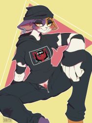 Rule 34 | beanie, claws, clitoral hood, clitoris, ear piercing, epic games, female focus, fortnite, fur, furry, hat, headgear, highres, looking at viewer, meow skulls (fortnite), narrowed eyes, piercing, pussy, shiratzu, simple background, smile, solo, tagme