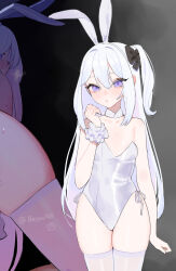 Rule 34 | 1girl, animal ears, ass, beijuu, blue archive, blush, detached collar, fake animal ears, highres, leotard, long hair, miyako (blue archive), multiple views, one side up, parted lips, purple eyes, rabbit ears, signature, strapless, strapless leotard, thighhighs, twitter username, white hair, white leotard, white thighhighs