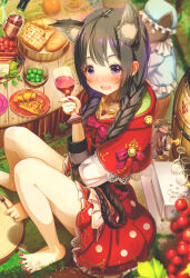 Rule 34 | 1girl, aiuabo, alcohol, animal ears, bare legs, barefoot, black hair, blush, bow, braid, choker, cloak, cup, feet, food, highres, holding, holding cup, hood, hooded cloak, knees up, legs, nail polish, original, outdoors, purple eyes, red bow, red nails, sidelocks, spread toes, toenail polish, toenails, toes, twin braids, wine, wolf ears