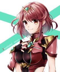 Rule 34 | 1girl, breasts, character name, circlet, closed mouth, copyright name, core crystal (xenoblade), earrings, highres, impossible clothes, jasumin cha, jewelry, large breasts, looking at viewer, medium hair, pyra (xenoblade), red eyes, red hair, short sleeves, smile, solo, swept bangs, upper body, white background, xenoblade chronicles (series), xenoblade chronicles 2