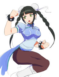 Rule 34 | 1girl, blue shirt, blunt bangs, boots, bracelet, braid, breasts, brown hair, brown pants, chabashira tenko, clenched hands, clothing request, cosplay request, danganronpa (series), danganronpa v3: killing harmony, earrings, green eyes, hair ornament, jewelry, knee boots, large breasts, long hair, pants, pantyhose, puffy short sleeves, puffy sleeves, qosic, shirt, short sleeves, sidelocks, solo, spiked bracelet, spikes, teeth, twin braids, upper teeth only