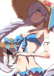 Rule 34 | 1girl, anastasia (fate), bare shoulders, bikini, blue bikini, blue eyes, blush, breasts, clearite, cleavage, collarbone, cosplay, doll, fate/grand order, fate (series), flower, hair over one eye, hat, hat flower, jewelry, long hair, looking at viewer, marie antoinette (fate), marie antoinette (fate/grand order), marie antoinette (swimsuit caster) (fate), marie antoinette (swimsuit caster) (fate) (cosplay), marie antoinette (swimsuit caster) (third ascension) (fate), medium breasts, navel, necklace, sarong, solo, straw hat, swimsuit, very long hair, viy (fate), white hair