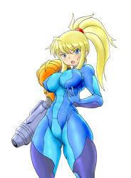 Rule 34 | 1girl, arm cannon, blonde hair, blue eyes, bodysuit, breasts, highres, large breasts, linxoptimus, long hair, metroid, ponytail, samus aran, narrow waist, solo, thick thighs, thighs, varia suit, weapon, zero suit