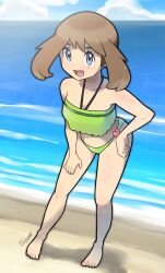 Rule 34 | 1girl, absurdres, bare arms, bare legs, barefoot, beach, bikini, blue eyes, breasts, brown hair, cleavage, cloud, cloudy sky, creatures (company), day, eyelashes, full body, game freak, green bikini, hand on own hip, happy, highres, holding, holding poke ball, looking down, may (pokemon), medium breasts, medium hair, navel, nintendo, open mouth, poke ball, pokemon, pokemon (anime), pokemon rs020, pokemon rse (anime), shiny skin, siczak, sky, smile, solo, swimsuit, teeth, thighs, wide hips