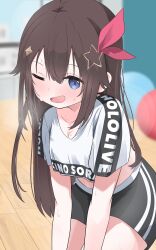 Rule 34 | 1girl, :d, black shorts, blue eyes, blurry, blurry background, blush, breasts, brown hair, cleavage, cowboy shot, crop top, flipped hair, hair between eyes, hair ornament, hololive, indoors, kemu1209, leaning forward, long hair, looking at viewer, midriff, one eye closed, open mouth, shirt, short sleeves, shorts, smile, solo, sportswear, star (symbol), star hair ornament, straight hair, sweat, t-shirt, text print, tokino sora, virtual youtuber, white shirt, wooden floor