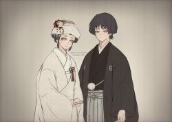 Rule 34 | 1boy, 1girl, alternate costume, alternate hairstyle, aqua eyes, black hair, black hakama, black kimono, blunt ends, bride, couple, dress, eyeliner, eyeshadow, genshin impact, grey eyes, groom, hakama, hakama pants, hand fan, hetero, highres, holding, holding fan, husband and wife, japanese clothes, kimono, layered clothes, layered kimono, lipstick, long sleeves, makeup, mona (genshin impact), pants, pom pom (clothes), red eyeliner, red eyeshadow, scaramouche (genshin impact), simple background, smile, tsunokakushi, uchikake, wedding, wedding dress, white kimono, wide sleeves, wuyen 0510