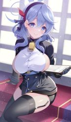 Rule 34 | 1girl, ako (blue archive), arm support, backlighting, bell, black gloves, black hairband, black thighhighs, blue archive, blue eyes, blue hair, blush, breasts, buttons, ear piercing, emanon123, garter belt, gloves, hair between eyes, hair ribbon, hairband, halo, highres, large breasts, long hair, long sleeves, looking at viewer, neck bell, parted lips, piercing, ribbon, sideboob, sidelocks, sitting, smile, sunlight, thighhighs, window