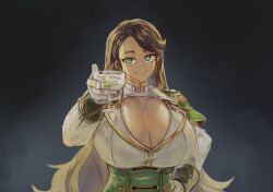 Rule 34 | 1girl, breasts, brown hair, cleavage, cup, drinking glass, eyelashes, female focus, green eyes, hand on own hip, highres, holding, holding cup, huge breasts, incoming drink, larribee, last origin, long hair, new year, shiny skin, smile, solo, steel draco (last origin), uniform, upper body, wine glass