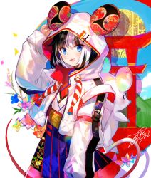 Rule 34 | 1girl, :d, animal ears, backpack, bag, black hair, blue eyes, chinese zodiac, fuzichoco, highres, hood, hooded jacket, jacket, looking at viewer, mouse ears, multicolored hair, new year, open mouth, original, signature, smile, solo, two-tone hair, white hair, year of the rat