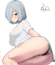 Rule 34 | 1girl, absurdres, alternate costume, artist logo, black panties, breasts, hair ornament, hair over one eye, hairclip, hamakaze (kancolle), highres, kantai collection, lanthan, large breasts, looking at viewer, lying, on side, panties, school uniform, serafuku, shirt, short hair, simple background, solo, t-shirt, underwear, white background, white shirt