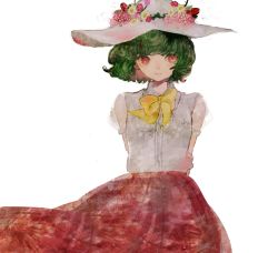Rule 34 | 1girl, alternate costume, bow, commentary, green hair, hat, highres, kazami yuuka, long skirt, looking at viewer, plaid, red eyes, sano naoi, shirt, short hair, short sleeves, simple background, skirt, smile, solo, touhou, wavy hair, white background, white hat, white shirt, yellow neckwear