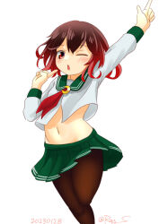 Rule 34 | 1girl, brown hair, brown pantyhose, chestnut mouth, crescent, crescent pin, gradient hair, green sailor collar, index finger raised, kantai collection, looking at viewer, multicolored hair, mutsuki (kancolle), neckerchief, one-hour drawing challenge, one eye closed, pantyhose, ray.s, red hair, red neckerchief, sailor collar, school uniform, serafuku, short hair, simple background, solo, standing, standing on one leg, white background